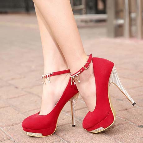 red ankle strap pumps